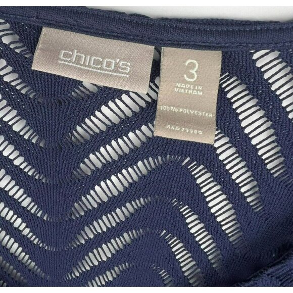 Chico’s Top Crochet Mesh 3 US XL Open Blue 3/4 Sleeve Blouse Pullover Bohemian - Picture 2 of 7
